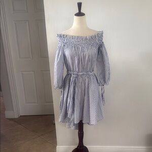 Caroline Constas Blue and White Smocked Off-Shoulder Dress